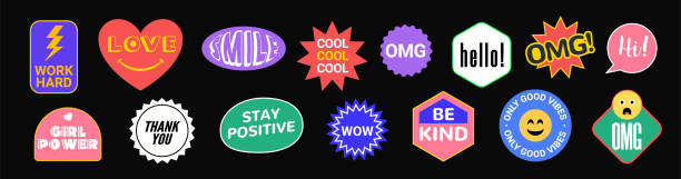 aufkleber vektorpaket retro-abzeichen cooles glückliches etikettensymbol. sticker-patch-set-design, trendiges pop-grafik-hipster-emoji-mockup. - cool-pack stock-grafiken, -clipart, -cartoons und -symbole