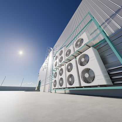 3d rendering of condenser unit or compressor outside industrial plant, factory building. Unit of ac air conditioner, heating ventilation or hvac air conditioning system. Electric fan, coil and refrigerant pump inside for working, running and cooling.