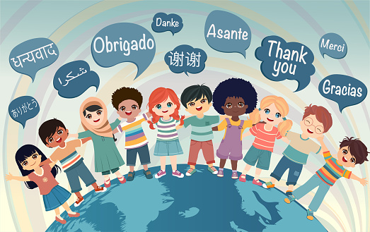 Multiculturalism and equality concept. Children from different continents hugging each other. Thank you or appreciation with text -Thank you- in various languages of the world