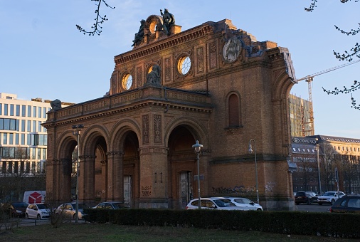 Berlin, Germany - Jan 28, 2024: The Anhalter Bahnhof station was the largest terminus station of Europe. It was destroyed during an air-raid on 3 February 1945. Sunny winter day. Selective focus