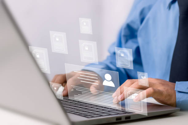istock Employee confidentiality. Software for security, searching and managing corporate files and employee information.Corporate data management system and document management system with employee privacy. 2012944152