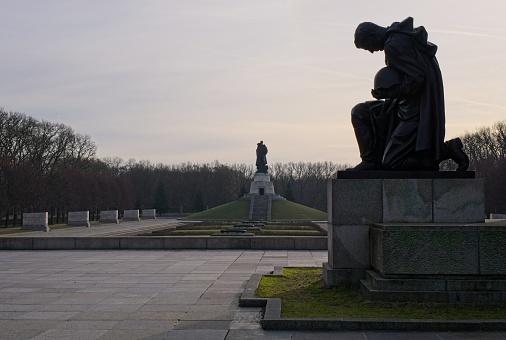 Berlin, Germany - Jan 30, 2024: Soviet War Memorial (Treptower Park). Here rest an estimated 5,000 - 7,000 Soviet soldiers who did not survive to the Battle for Berlin Sunny winter day Selective focus