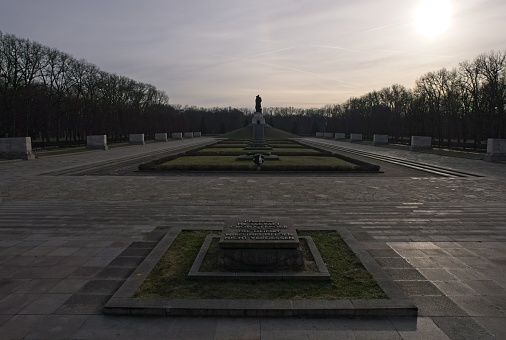 Berlin, Germany - Jan 30, 2024: Soviet War Memorial (Treptower Park). Here rest an estimated 5,000 - 7,000 Soviet soldiers who did not survive to the Battle for Berlin Sunny winter day Selective focus
