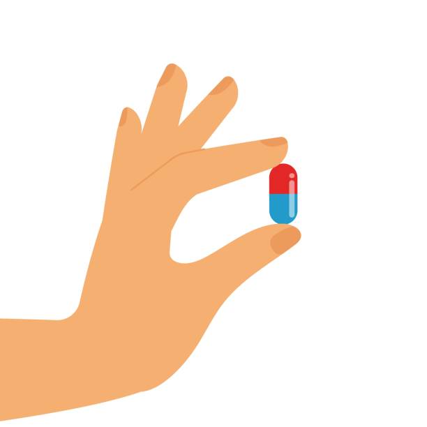 Pill capsule in female hand Female hand holding pill with two fingers. Medical tablet or food supplement. Painkiller capsule. Isolated close up. Well being, therapy and recovery concept. giving medication stock illustrations