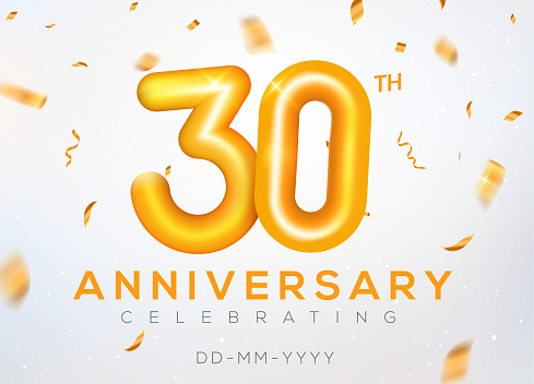 30 year anniversary gold number celebrate jubilee vector logo background. 30th anniversary event golden birthday design