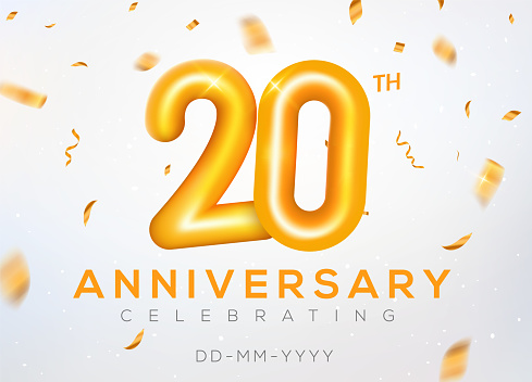 20 year anniversary gold number celebrate jubilee vector logo background. 20th anniversary event golden birthday design