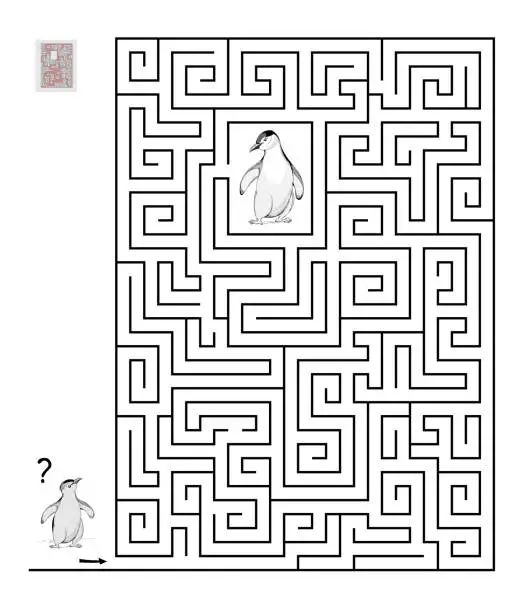 Vector illustration of Logic puzzle game with labyrinth for children and adults. Help the little penguin find the way till his mother. Printable worksheet for kids brain teaser book. IQ test. Black and white vector image.