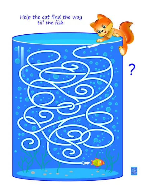 Vector illustration of Logic puzzle game with labyrinth for children and adults. Help the cat find the way till the fish. Printable worksheet for kids brain teaser book. IQ training test. Flat vector cartoon image.