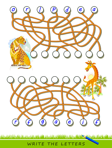 Logic puzzle game for study English with labyrinth. Find correct places and write the letters. Read the words. Learn names of exotic animals. Printable worksheet for kids textbook. Back to school.