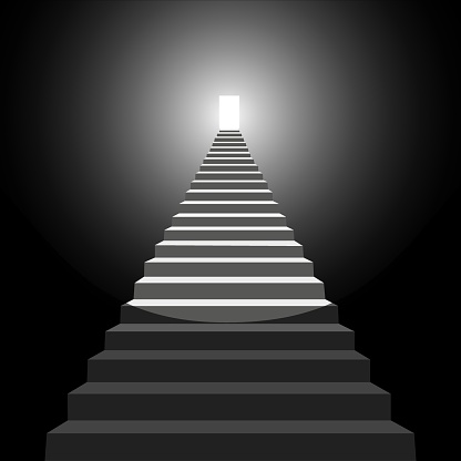 Steps leading to light in the dark. Walking towards the light. Light at the end of the tunnel. EPS 10.