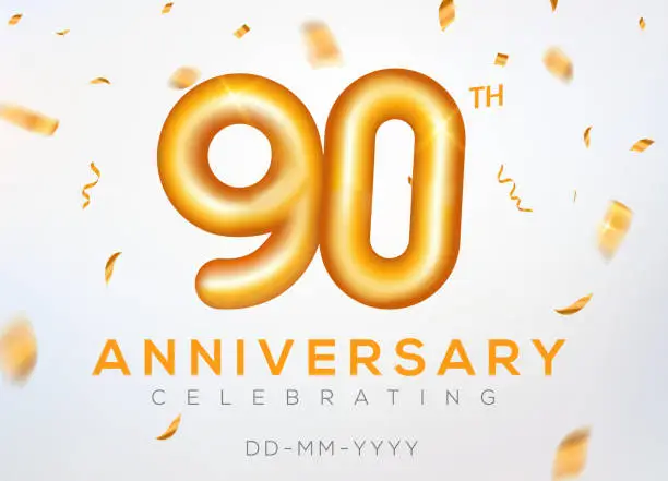 Vector illustration of 90 year anniversary gold number celebrate jubilee vector logo background. 90th anniversary event golden birthday design.