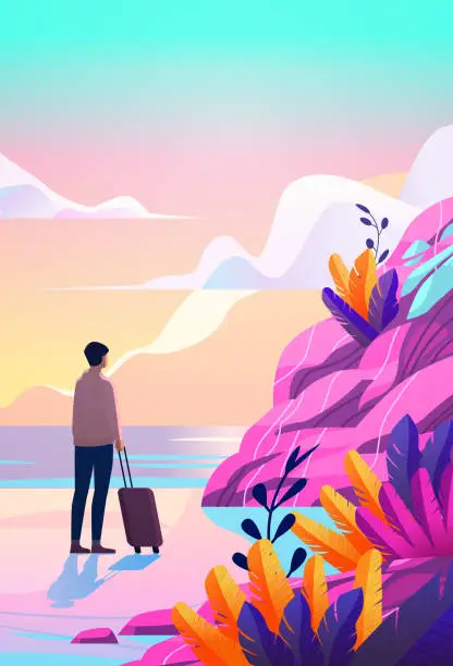 Vector illustration of man traveler with luggage standing on tropical beach summer vacation time to travel concept seascape background vertical