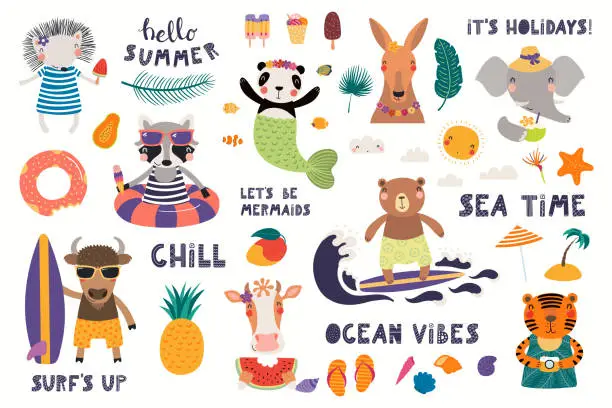 Vector illustration of Summer set with cute animals