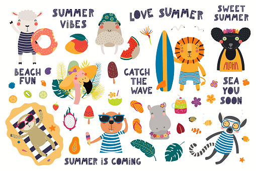 Big summer set with cute animals, quotes, fruits, drinks, pool floats. Isolated objects on white background. Hand drawn vector illustration. Scandinavian style flat design. Concept for children print.