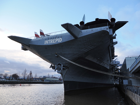New York, USA - December 30, 2019: Image of the decommissioned aircraft carrier USS Intrepid that is servicing as a museum ship.