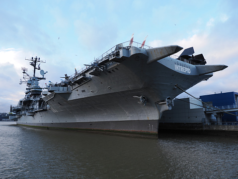 New York, USA - December 30, 2019: Image of the decommissioned aircraft carrier USS Intrepid that is servicing as a museum ship.