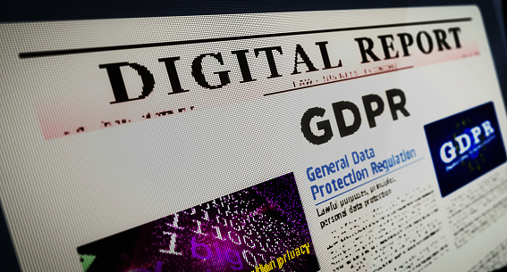 GDPR general data protection regulation daily newspaper reading on mobile tablet computer screen. Man touch screen with headlines news abstract concept 3d illustration.