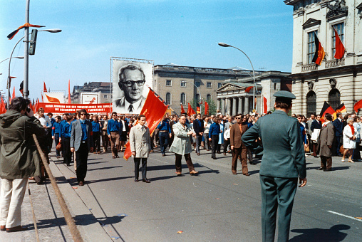 Demonstration on May 1, 1973 in East Berlin with banners, flags and large portraits of SED General Secretary Erich Honecker,