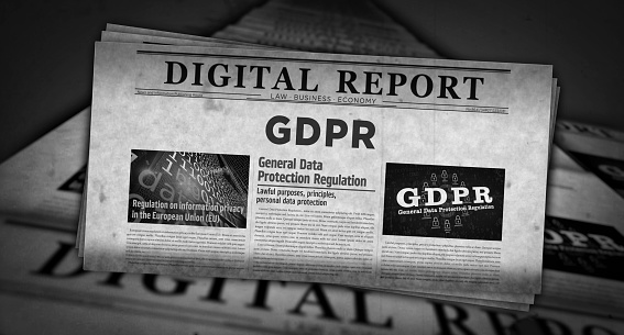 GDPR general data protection regulation vintage news and newspaper printing. Abstract concept retro headlines 3d illustration.