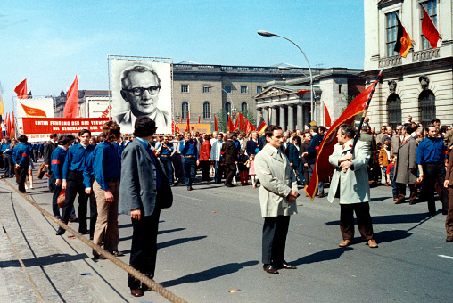 Demonstration on May 1, 1973 in East Berlin with banners, flags and large portraits of SED General Secretary Erich Honecker,