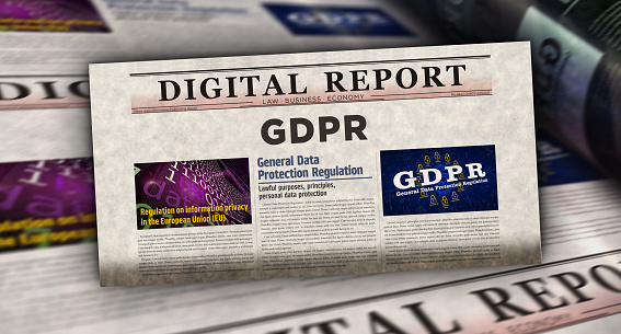 GDPR general data protection regulation vintage news and newspaper printing. Abstract concept retro headlines 3d illustration.
