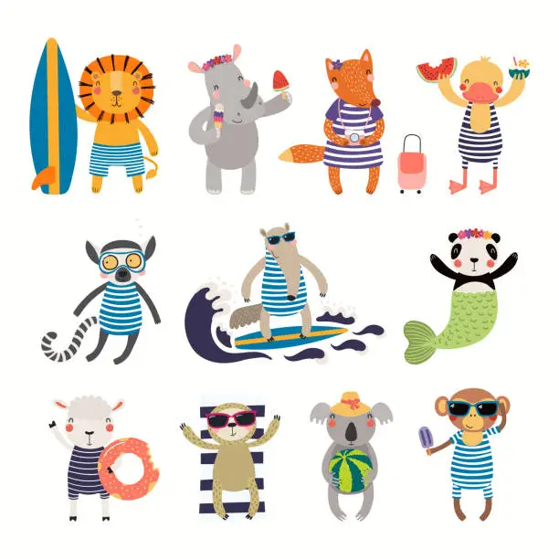 Vector illustration of Big summer set with cute animals