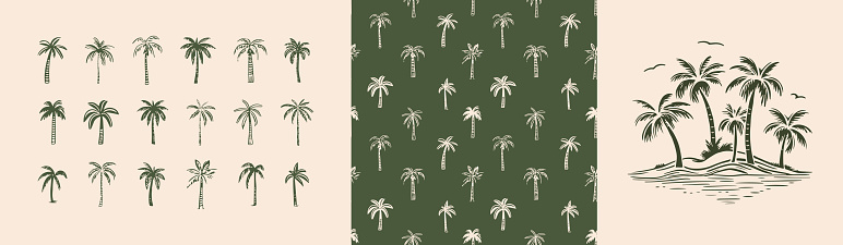 Hand drawn palm tree doodle seamless pattern set. Green hawaiian print, summer vacation background collection in vintage art style. Tropical plant painting illustration bundle.