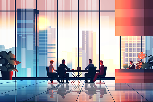 businesspeople discussing during meeting in hotel lobby business people sitting near reception desk horizontal vector illustration