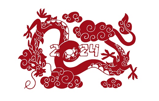 Monochrome red dragon. Symbol of 2024 New Year. Chinese zodiac print. Traditional mystic oriental animal, ancient reptile from legend. Asian culture concept. Flat isolated vector illustration on white.
