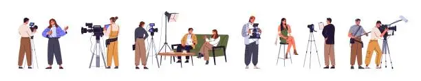 Vector illustration of Video shooting set. Videographers recording talk show, interview with camera. Videography of news presenter, journalist on tv studio by cameraman. Flat isolated vector illustration on white background