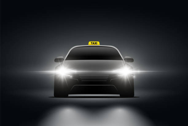 暗闇の中でのタクシー車の正面図。ベクトル背景夜正面図タクシー車のフラッシュライトヘッドデザイン。 - car door flash点のイラスト素材／クリップアート素材／マンガ素材／アイコン素材
