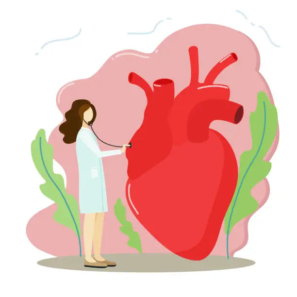 Vector illustration of The doctor listens to a large heart with a stethoscope.