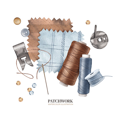 Sewing on a sewing machine. A palette of natural fabrics with sewing threads, a presser foot and a spool. Handicraft concept. Tailoring to order. Watercolor illustration.