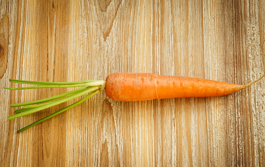 Still life with an organically grown carrot on wooden board in light tones and rustic texture.