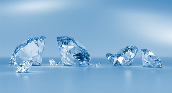 classic-cut diamonds on a blue background. 3d render illustration, concept of luxury and wealth