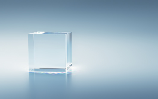 Glass cube with bright background, 3d rendering. Computer digital drawing.