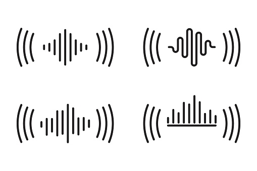 A set of voice or sound icons for the virtual assistant, voice recognition icons in the virtual assistant, a sound wave, and the volume of the sound on the device.
