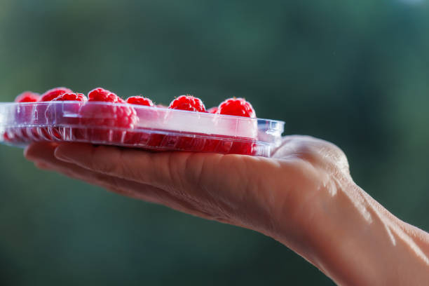 A woman's hand holds a raspberry in a plastic box