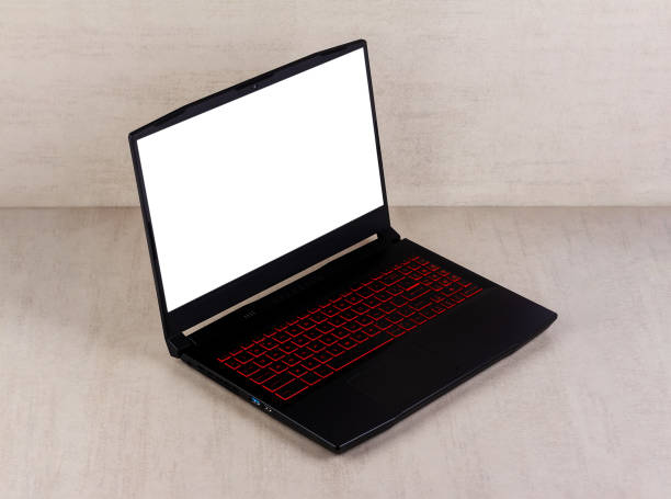 istock white mock up on a gaming laptop screen on a gray background side view 2013064342