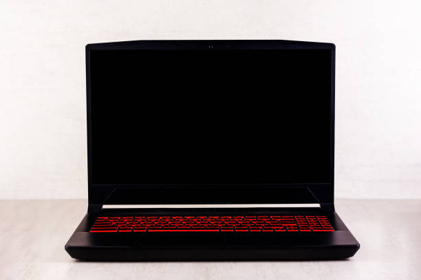 istock black mock up on a gaming laptop screen on a light gray background close up front view 2013064845