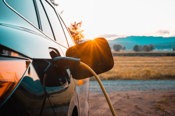 istock Power cable connected with a charger plugged into an electric car, close up 2013074273