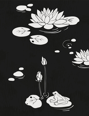 Immerse yourself in the beauty of Japanese engraving. A serene scene of a frog on a water lily leaf, by a lotus flower, rendered in monochrome vector format, evoking tranquility and elegance.