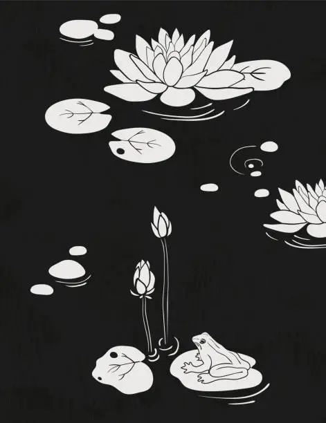 Vector illustration of Frog in a pond engraving style drawing