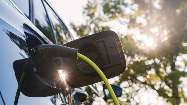 istock Power cable connected with a charger plugged into an electric car, close up 2013076545