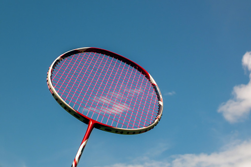 Badminton Rackete Side View Badminton Racket On The Sky Background Soft And Selective Focus Stock ...