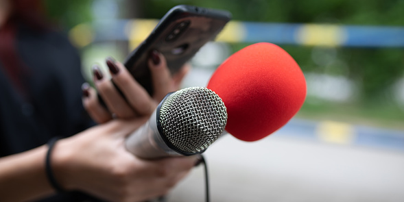 Spontaneous portrait of a handsome bearded young adult lawyer, an unrecognizable journalist holding a red microphone, while a guy is talking outdoors, on a beautiful sunny day. He’s wearing a shirt and a tie.