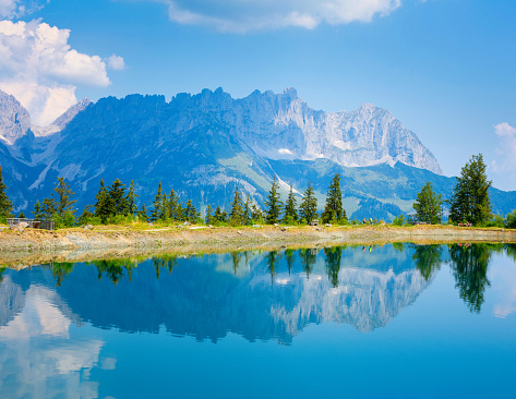 Lake Astberg in Tyrol with view of the Wilder Kaiser Mountains in summer, Going, Ellmau, Austria