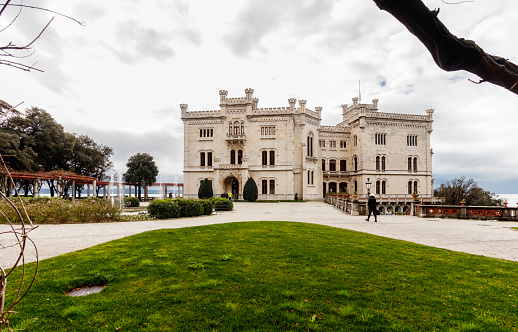 Trieste, Italy - February 12, 2024: Miramare Castle, where Archduke Ferdinand Maximilian of Habsburg and his wife Charlotte of Belgium lived  in the second half of the 19th century.