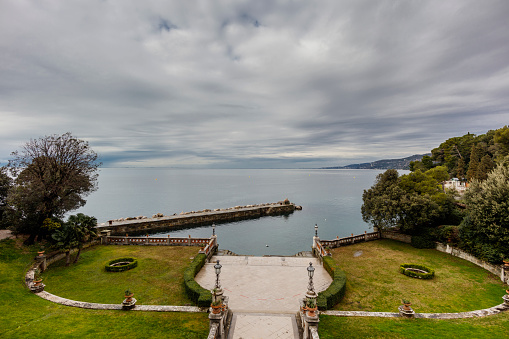 Trieste, Italy - February 12, 2024: Garden of the Miramare Castle, where Archduke Ferdinand Maximilian of Habsburg and his wife Charlotte of Belgium lived  in the second half of the 19th century.