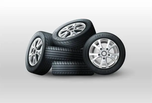 Vector illustration of Car wheels. Automobile service. Rubber tires. Vehicle mechanic tools. Protectors change. Race and repair inspection. Spare for auto. Highway workshop garage. Vector exact realistic set